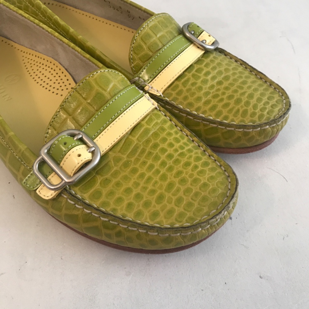 Cole Haan Lime Green Croc-Embossed Leather Loafers with Yellow Accent - Picture 2 of 13